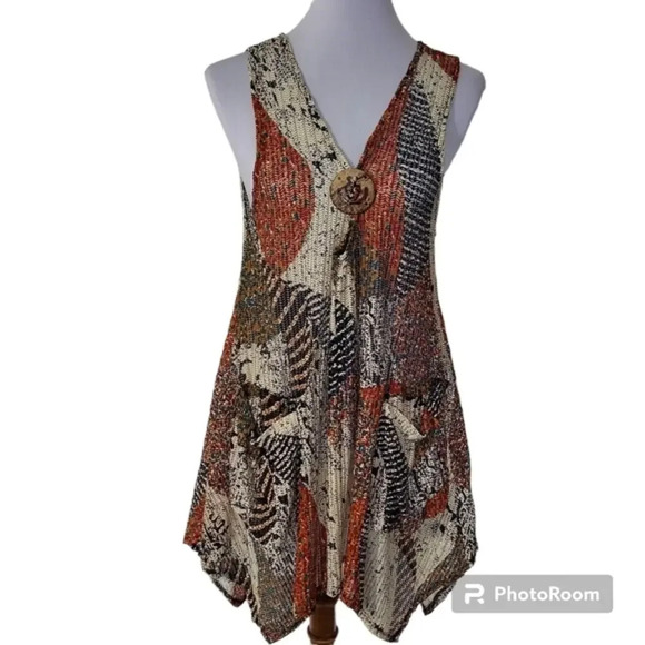 Paradise Asymmetrical Brown Red Orange‎  Turquoise Abstract PrintDuster Cover Up - Picture 1 of 12